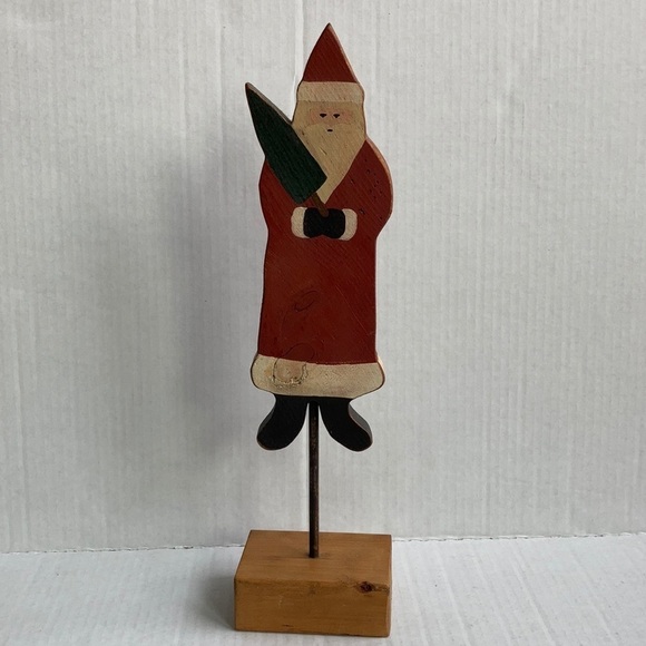 None Other - Vintage 1983 wood carved painted Santa Christmas tree on pedestal